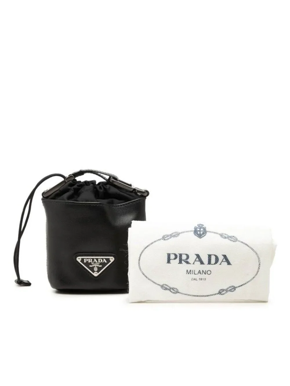 Prada Pouch Drawstring Black Leather Nylon